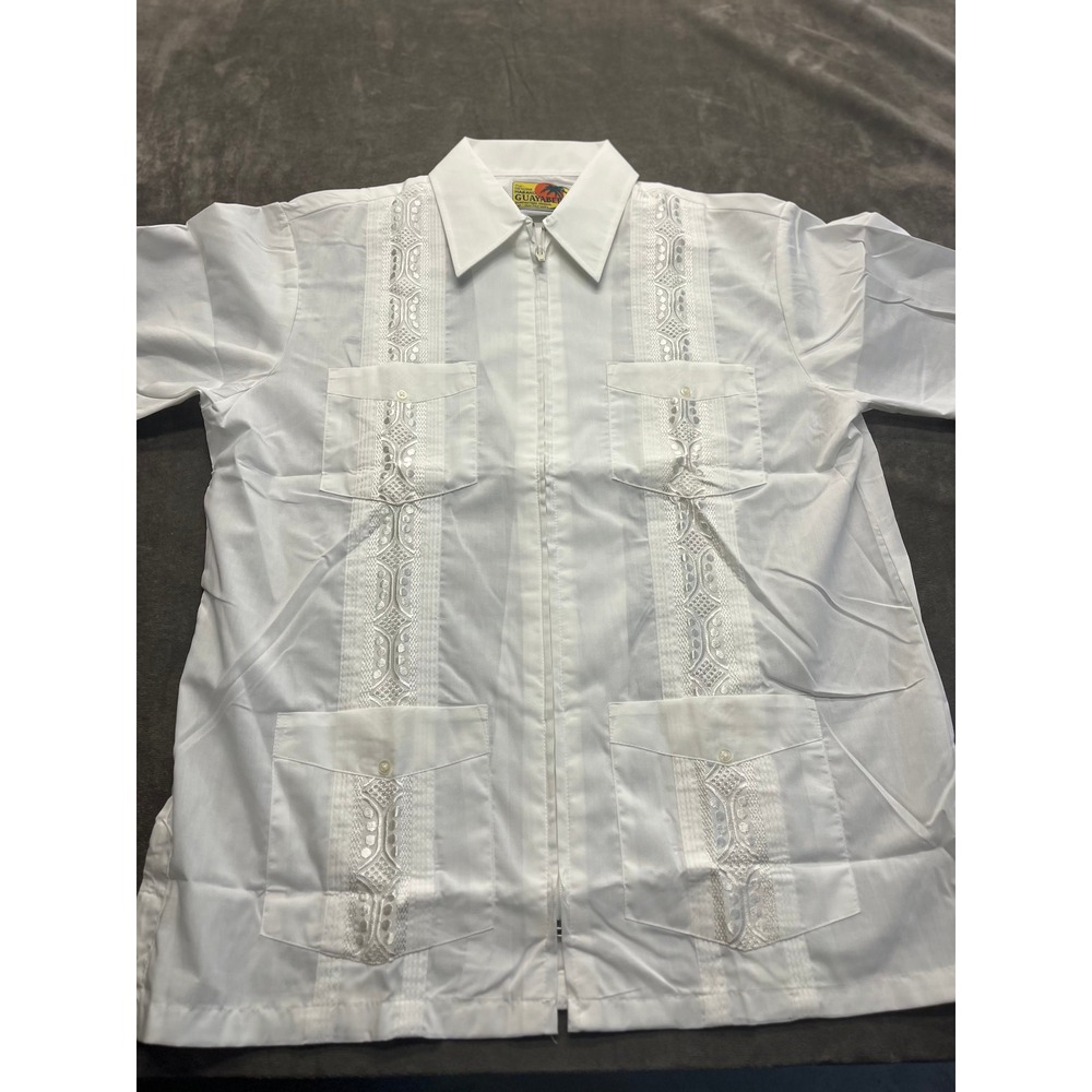Haband Guayabera Shirt Mens Medium White Full Zip Embroidered 4 Pocket Mexican